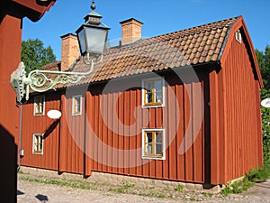 Typical old wooden red house. Linkoping. Sweden