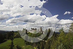 Typical panoramic view of the Allgaeu at Eisenberg and Hohenfreyburg ruins