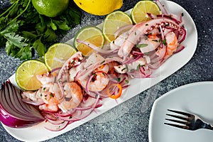 Typical Peruvian food, squid ceviche, shrimp and white fish with purple onioin and a good tiger milk. Presented for catering