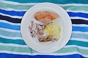 A typical picnic meal served on a beach towel showing fun and good time