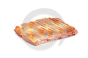 Typical pizzetta romana, a rectangular slice of white pizza stuffed with ham and mozzarella cheese.