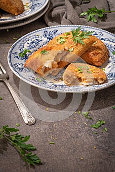 Typical Portuguese appetizer rissois or rissoles, meat or shrimp breaded turnovers. Parsley on the background