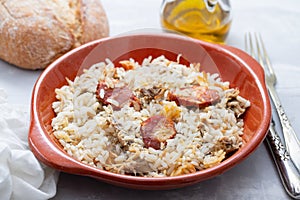 Typical portuguese dish rice with duck and smoked sausage