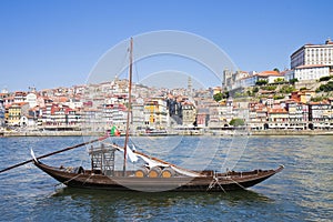 Typical portuguese wooden boats, called `barcos rabelo`, used in the past to transport the famous port wine Porto-Oporto-Portugal photo