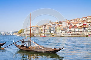 Typical portuguese wooden boats, in portuguese called barcos rabelos (Portugal) photo