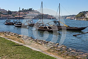 Typical Rabelo Boats on the Bank of the Douro River - Porto, Portugal