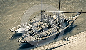 Typical rabelo boats from high point of view in Porto, Portugal.