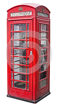 Typical red british telephone booth isolated on white