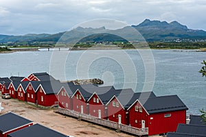 Typical red houses in the port of Svolvaer, Lofoten Islands,  Norway