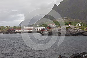 Typical red rorbu fishing hut on Lofoten islands in Norway