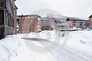 Typical residential buildings in Sheregesh urban-type settlement in Mountain Shoria - Siberia