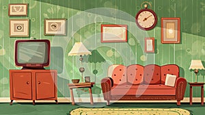 Typical retro living room setting with couch, armchair, clock and television on stand. Modern cartoon illustration of