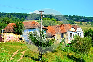 Typical rural landscape and peasant houses in the village Felmer, Felmern, Transylvania, Romania.