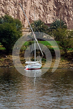 Typical sailing boat of the Nile River in Egypt called Felucca stranded on the river bank, in a green area but with a desert sands