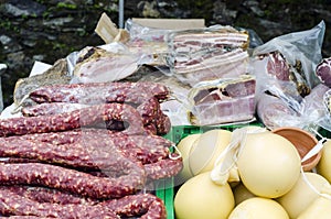 Typical Sardinian food. Cheese and dried sausages like salami,
