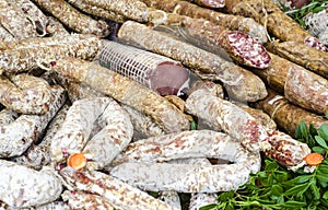 Typical Sardinian food. Dried sausages like salami, cured meats