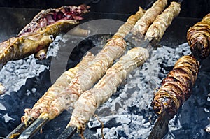 Typical Sardinian food. Entrails of animals roast and roasted co