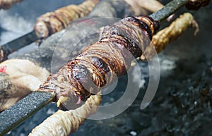 Typical Sardinian food. Entrails of animals roast and roasted co