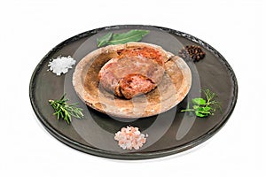 typical sausage cooked on top a rock plate calle in italian testo photo