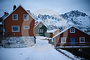 Typical scandinavian houses at fjord in front of snow covered mountains in winter