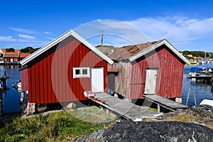 Typical scandinavian red huts on the Swedish island of Koster