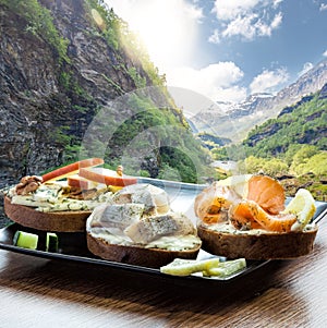 Typical Scandinavian sandwiches against deep walley close the train journey Flamsbana between Flam and Myrdal in Aurland in