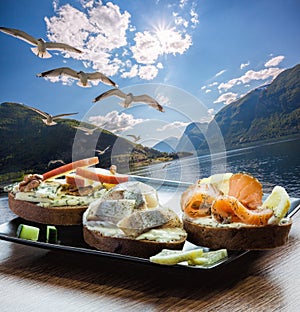 Typical Scandinavian sandwiches against fjord with seagulls near the Flam village in Norway