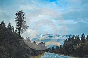 Typical scenic landscape and road in New Zealand, South Island