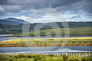 Typical Scottish colorful countryside, with lochs, moors, hills and dramatic weather