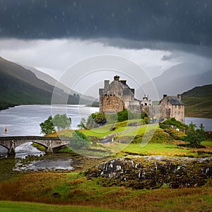 Scottish castle in the rain, AI generated