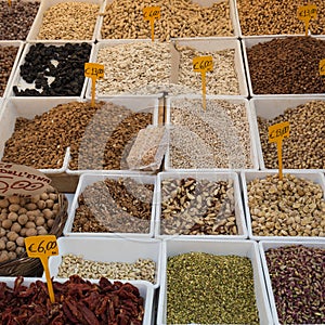 Typical Sicilian market stall for selling legumes, nuts,