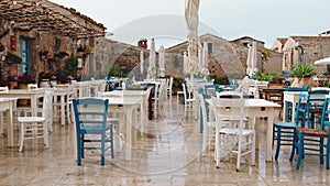 Typical Sicily restaurant outdoor in the Marzamemi city square