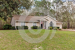 Typical Single Floor American House with Front Yard and Spacious Driveway Exterior Street View