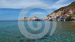 Typical small fishermen' village on Milos island, Greece - panning