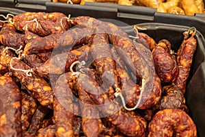 typical smoked sausage for sale, north of Portugal. Feira do fumeiro