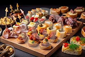 Typical snack of Basque Country, pinchos or pinxtos skewers with small pieces of bread, sea food, eggs, cheese,