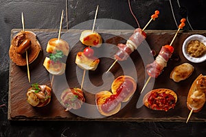Typical snack of Basque Country, pinchos or pinxtos skewers with small pieces of bread, sea food, eggs, cheese, jamon served in