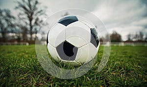 Typical soccer ball on the free kick marking line, outdoors on the stadium field. Traditional football ball on the green grass