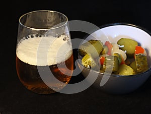 typical Spanish aperitif accompany pickle beer olives pepper photo