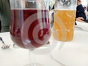 typical spanish drinks, bottle of red wine sangria and beer