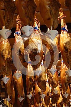 Typical spanish hams photographed in Granada (Andalusia Spain). Jamon