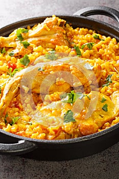 Typical spanish rice with rabbit arroz con conejo closeup in the pan. Vertical photo