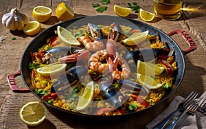 Typical spanish seafood paella in traditional pan. Vegetable paella with seafood on a wooden background