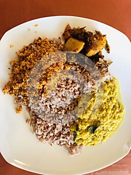 A typical Sri Lanka Rice and curry for lunch.