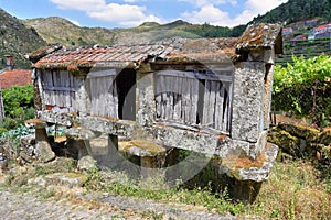 Typical stone corn driers, called Espigueiros near Sistelo, north of Portugal photo