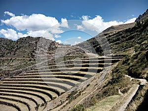 Typical stone terraces in the Sacsayhuaman Inca Archaeological Park in Cusco, Peru