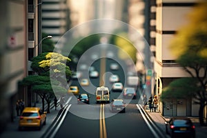 A typical street in an Asian city, in tiltshift style, with narrow focus and mock-up appearance. Ai generated