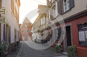 Typical street with colorful houses characteristic of Alsace