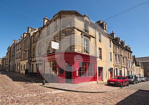 A typical street corner in the medieval city of Bayeux, Calvados department of Normandy, France