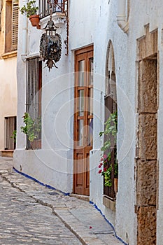Typical street detail in small spanish village Sitges, province of Barcelona in Spain